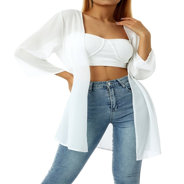 Veste en Mousseline Transparente pour Femmes, Couvre-Maillot Décontracté, Hauts, Cardigans de Plage, Blouse, Châle, Blanc, TTG