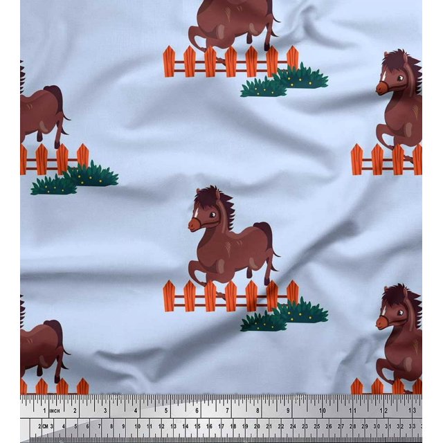 Soimoi Tissu Popeline de Coton Imprimé Cheval pour Enfants, Tissu au Mètre, 42 Pouces de Large