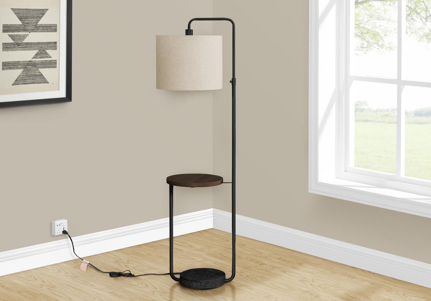 Monarch Specialties  Luminaire, 67"h, Lampadaire, Port Usb Inclus, Métal Noir, Abat-jour Ivoire / Crème, Contemporain