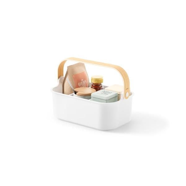 Umbra Bellwood Bacs Empilables 11x7 Moyen Blanc Contenant de Rangement avec Poignée en Bois Naturel, Tenant des Articles de Garde-Manger comme un Sac en Papier Brun, un Pot en Verre avec Couvercle Jaune, et de Petits Contenants, Idéal pour Organiser les Essentiels de Cuisine Ou de Salle de Bain.
