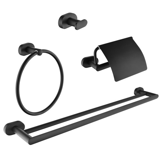 Ancona Aria Ensemble d'Accessoires de Salle de Bain 4 Pcs en Noir Mat, Comprenant un double Barre à Serviette, un Anneau à Serviette, un Crochet Simple et un Porte-Papier Hygiénique. Fabriqué en Laiton Massif et en Acier Inoxydable avec une Finition Moderne Noir Mat. Comprend une Quincaillerie de Montage Dissimulée et un Schéma d'installation pour une Installation Rapide.