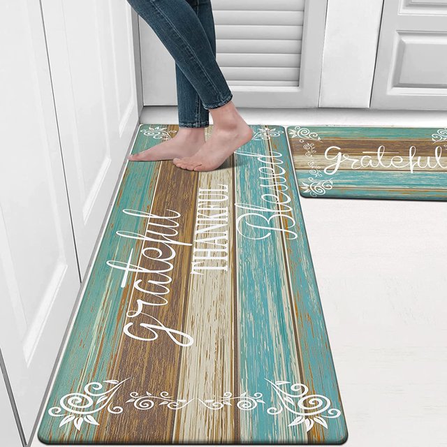 MeyJey Kitchen Rug Set of 2, Anti Fatigue Kitchen Mat 2 Pieces, Non Skid Waterproof Cushioned Floor Mat and Runner Rug, 17"x28"x0.5"+17"x59"x0.5", Teal/Brown