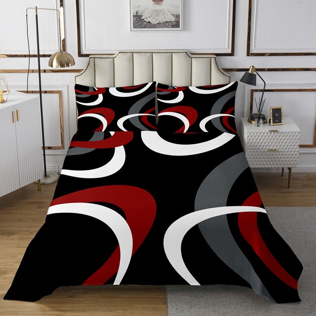 Erosebridal Black and White Red Bedspread Sets Queen Size, Abstract Line Bed Quilt, Geometry Home Decor 3pcs