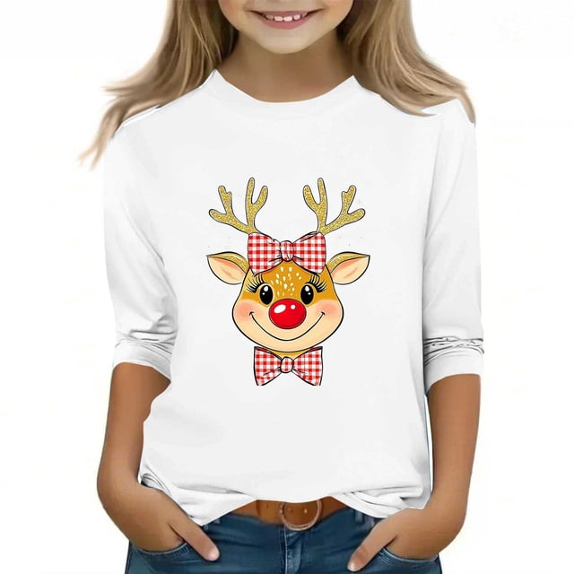 YUNAFFT Garçons Filles Chemise Décontractée à Imprimé de Noël 3-12 Ans Manches Courtes/longues Col Ras du Cou Mélange Polyester-Spandex Extensible Haut Confortable pour Tenue Festive des Fêtes