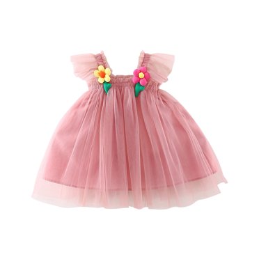 Ashirexll Robes d'Été pour Filles Sans Manches à Col Rond Robe en Mélange de Tulle de Couleur Unie Longueur Genou Rose 18 Mois