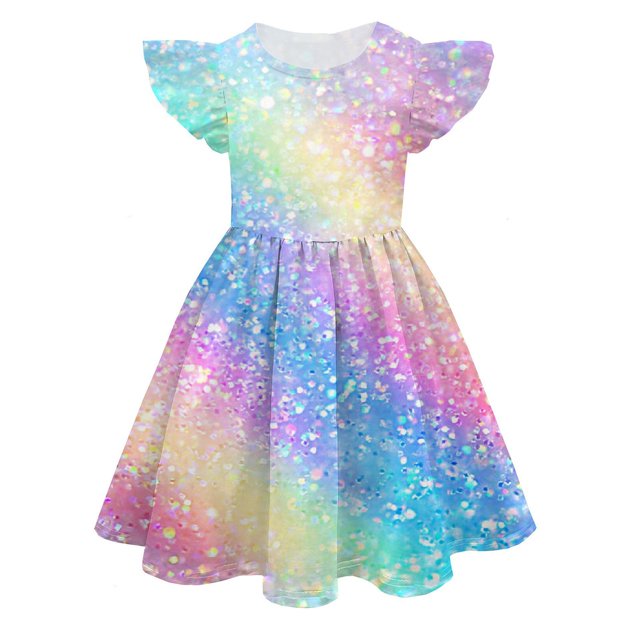 WEAIXIMIUNG Robes Longues Filles Été Couleur Impression Numérique 3D Mignonne Personnalité Mode Robe Manches Volantes 8-9 Ans