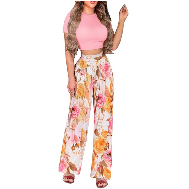 Cameland Mode Femmes Été Imprimé Floral Décontracté T-Shirt à Manches Courtes + Ensemble Pantalon