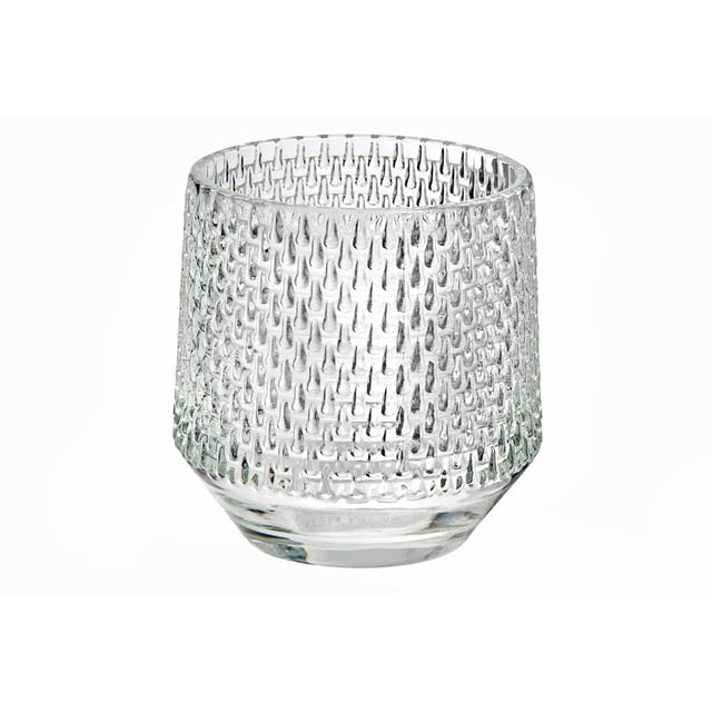 Porte-bougie Rond en Verre (Goutte) - Ensemble de 4 Présentant du Verre Transparent avec un Motif de Goutte Texturé sur une Forme Ronde, Légèrement Fuselée, Mesurant 3,95 Pouces, Idéal pour une Utilisation Décorative sur Table et Convenant comme accent de Déco Maison Stylé.