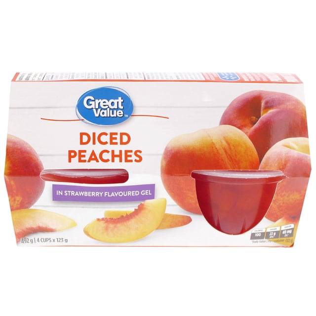 Great Value Diced Peaches in Gel pack with four 123 g cups of diced peaches in strawberry flavoured gel, featuring peach fruit images and nutritional information on the packaging, suitable for shelf storage and pantry use.