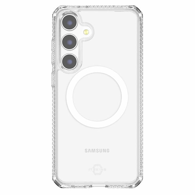 ITSKINS Étui Hybrid_R transparent Compatible avec Aimants pour Samsung Galaxy S25 Montré à l'Arrière avec un Dos Rigide en Acrylique transparent, Anneau Magnétique Blanc pour Compatibilité MagSafe, Pare-Chocs transparent Renforcé Offrant une protection contre les Chutes de 3 M/10 Pieds, Découpes Précises pour triple Caméra et flash, Conception Antimicrobienne et Écoresponsable avec des logos Samsung et ITSKINS Visibles.
