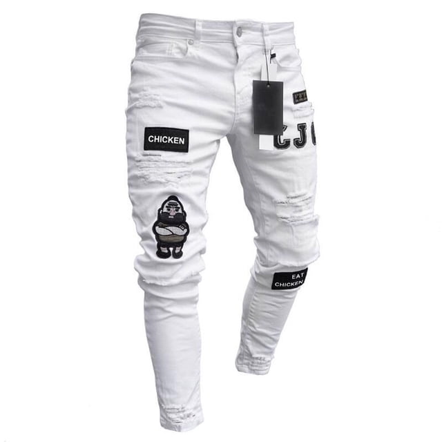 Men Stretchy Ripped Skinny Biker Jeans Destroyed Hole Taped Slim Fit Denim Pants