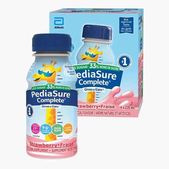 PediaSure Complete® Réduit en Sucre, Supplément Nutritionnel, Fraise, 4x235 ml Bouteilles Prêtes à Servir