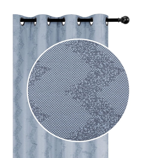 Jacquard Panel W 8 Grom (Chevron) (Blue) (84") - Set of 2 with a front-facing blue polyester curtain panel featuring a chevron jacquard pattern and 8 black metal grommets, designed for room darkening and light control in living or bedrooms, shown with a close-up of the textured woven fabric suitable for window coverings and noise reduction.