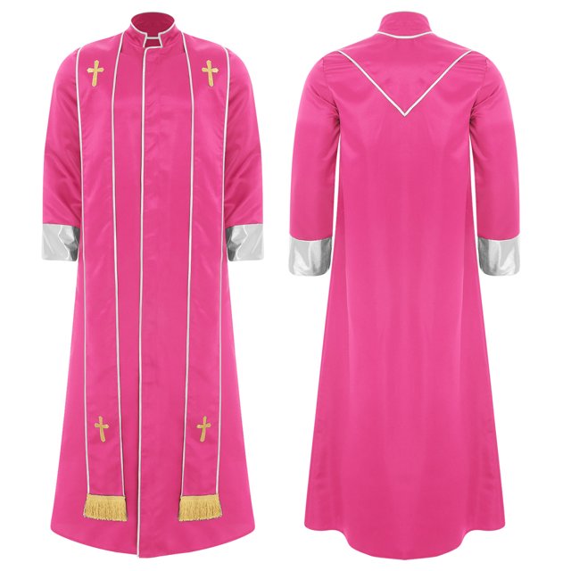 Moggemol Robe de Clergé d'Église pour Homme avec Étole Costume de Prêtre pour Jeu de Rôle Manches Longues Croix Dorée Soutane Rose P