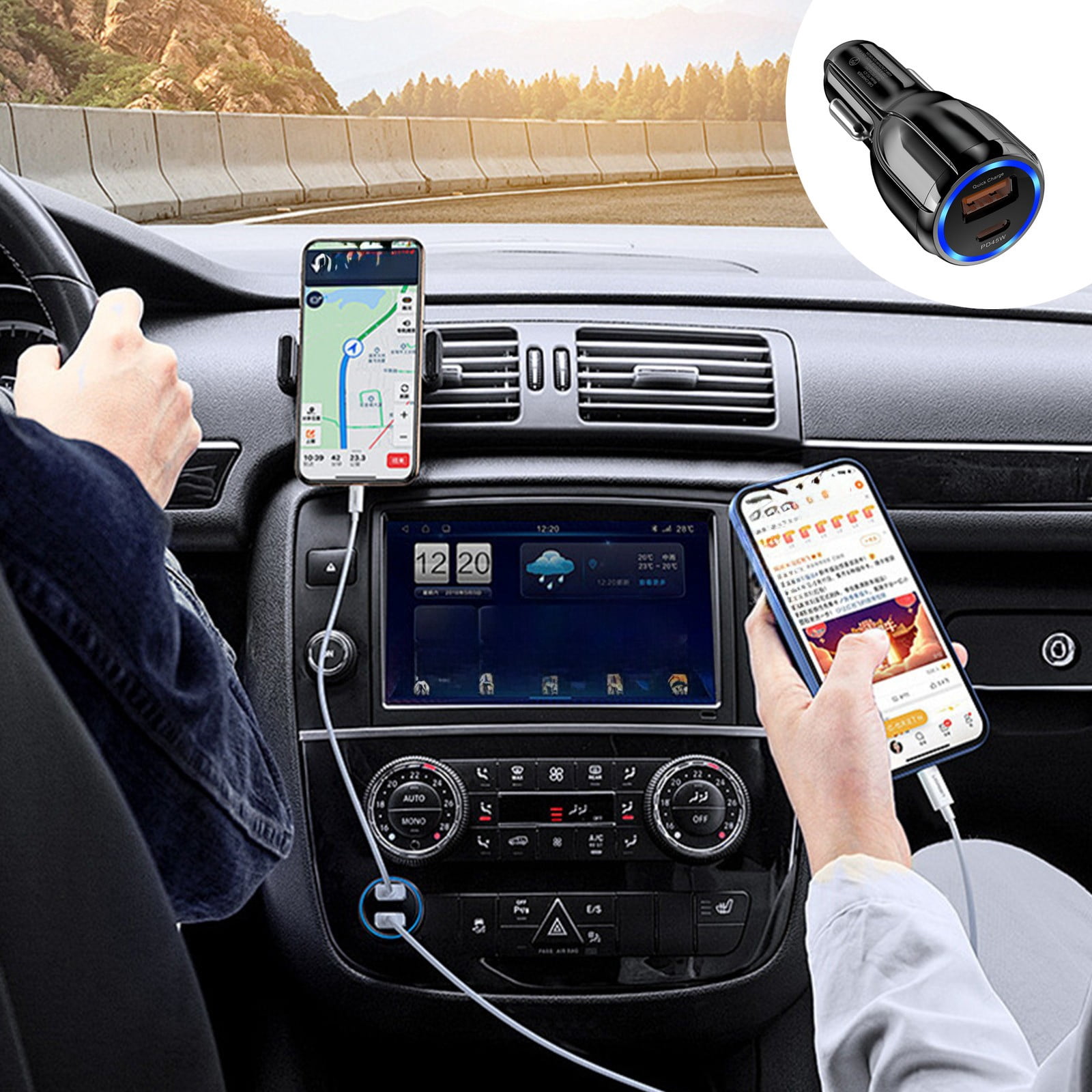 72W USB-C and USB-A Fast Car Charger with Dual Ports for Simultaneous Device Charging – Compact Cigarette Lighter Adapter with Intelligent Safety Protection for Vehicles