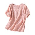 thumbnail image 1 of cfhntfmh Chemises en Lin pour Femmes Coton Mode Manches Courtes T-Shirts Ajourés Décontractés Broderie Col Rond Blouses Hauts, 1 of 3