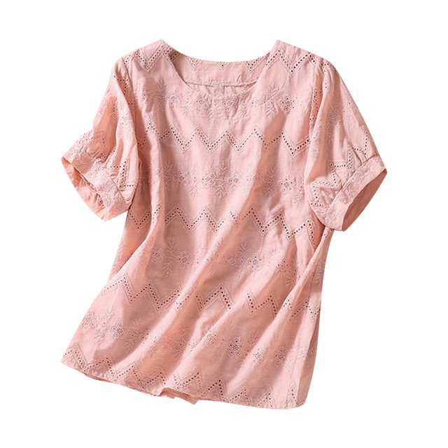 cfhntfmh Chemises en Lin pour Femmes Coton Mode Manches Courtes T-Shirts Ajourés Décontractés Broderie Col Rond Blouses Hauts