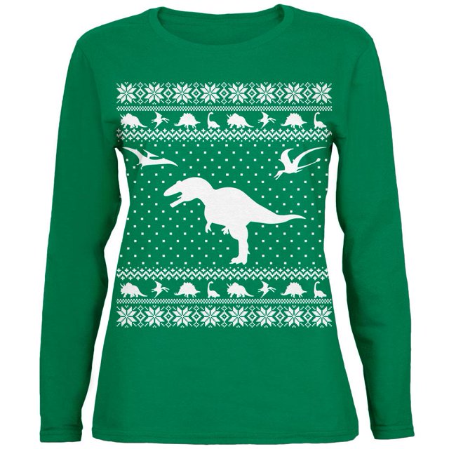 Dinosaurs Chandail de Noël Laid Vert T-Shirt à Manches Longues pour Femmes