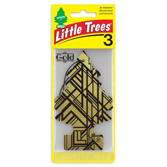 LITTLE TREES air freshener Gold 3-Pack showing a tree-shaped air freshener with a gold glitter finish and black geometric lines, packaged in yellow with the Little Trees logo and number 3, designed for car interiors with a fragrance inspired by ginger gold apples, honey florals, and amber woods, also suitable for freshening small spaces.