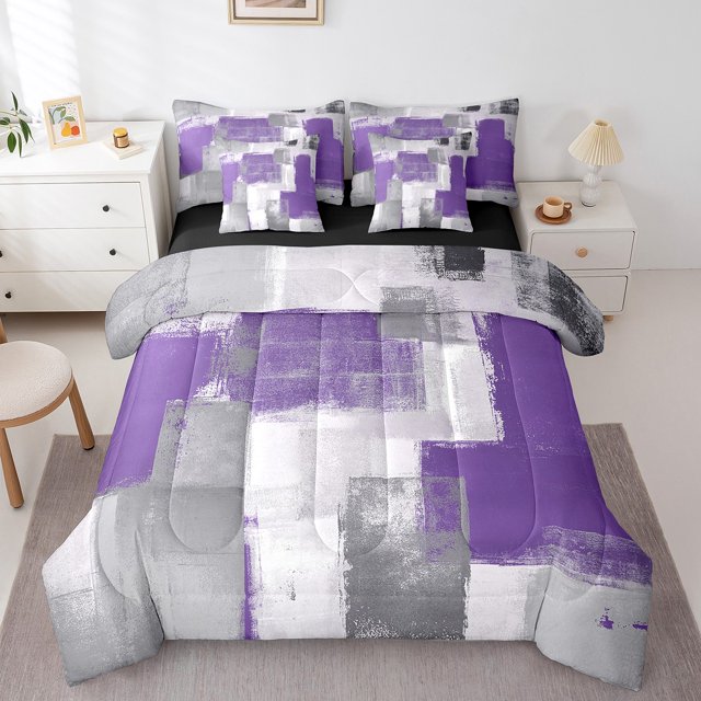YST 7-Piece Purple Grey White Ombre Comforter Set, Full – Modern Graffiti Aesthetic, Gradient Design