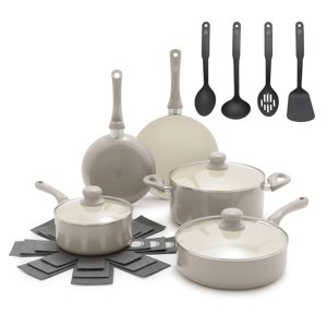 GreenLife 16-Piece Nonstick Cookware Set Non-Toxic Ceramic Pots and Pans Set Durable Healthy Kitchen Essentials Fast Heating Induction Ready Easy Clean Dishwasher Safe PFAS-Free Beige Taupe