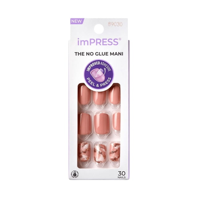 KISS ImPRESS Press-On - Fake Nails, 30 Count, Short in white packaging showing short, glossy nude pink nails with three accent nails featuring rose gold glitter swirl designs, designed for no-glue application with improved adhesive peel and press technology for easy, chip-proof manicure.