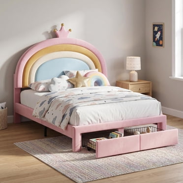 Lit plateforme arc-en-ciel taille complète Homy Casa en velours rose avec tiroir de rangement, lit princesse pour enfants et ados
