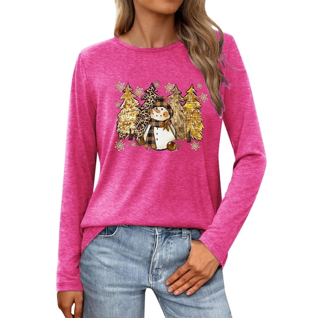 SNKSDGM Hauts à Manches Longues pour Femmes Chic Décontracté Printemps 2026 T-Shirt de Noël pour Femme T-Shirt à Imprimé Lettres de Noël T-Shirt Graphique Arbre de Noël Col Rond Haut à Manches Longues m