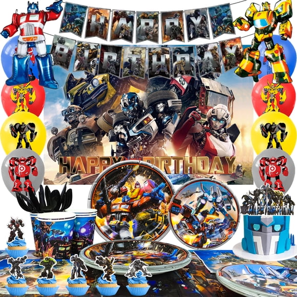 Transformers Birthday Decorations, 114pcs Transformers Tableware - Brown Banner Balloons Cake Topper Backdrop Plates Tablecloth Etc Party Supplies