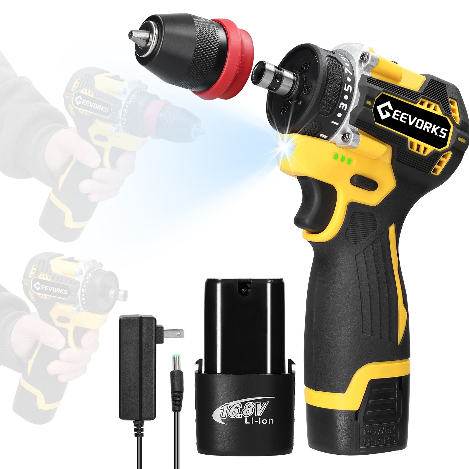 Geevorks Electric screwdriver,2in1 Lithium Drill Torque Motor Screw Appliances Furniture Installation 45nm Torque Power Tool 16.8v 2in1 Drill Screwdriver Power Motor Screw Driver 18v 2in1 Screwdriver