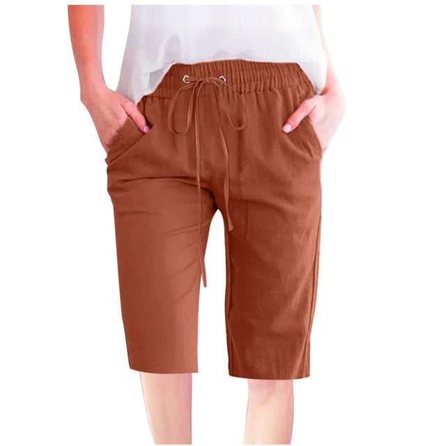 Timegard Womens Plus Size Shorts Elastic Waisted Drawstring Lightweight Casual Knee Length Shorts with Pockets
