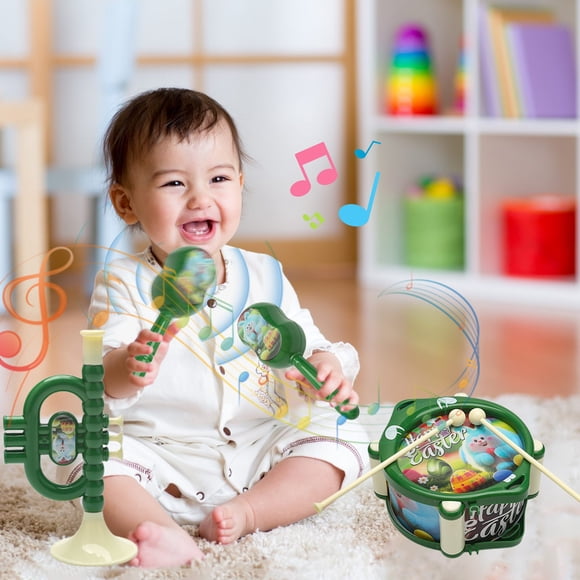 Cameland Musical Toy Set Hand Pat Drum Rattle Trumpet Early Learning Percussion Instrument For Infants Safe ABS Plastic Newborn Gift For Boys And Girls