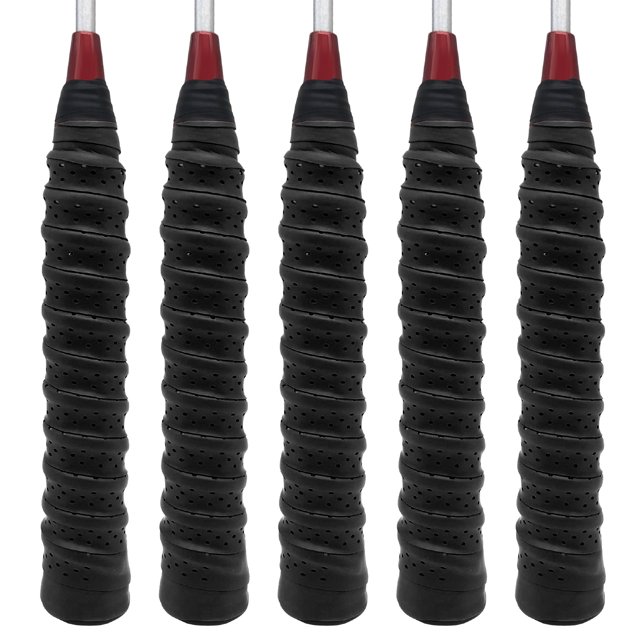 5-Pack Black PU+EVA Racket Overgrip Tape with Design, 110cm Length Sweat-Absorbent Grip Band, Includes 5 Adhesive Tapes for Tennis/Badminton Rackets