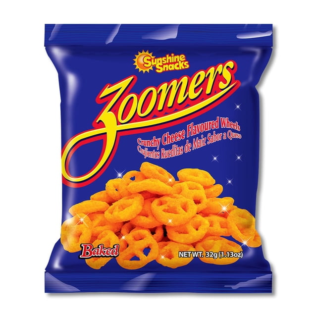 Sunshine Snacks Zoomers cheese snack bag with crunchy cheese flavoured wheels in a blue package featuring baked cheese crunchies weighing 32 grams, ideal as a Caribbean snack or variety pack chip option.