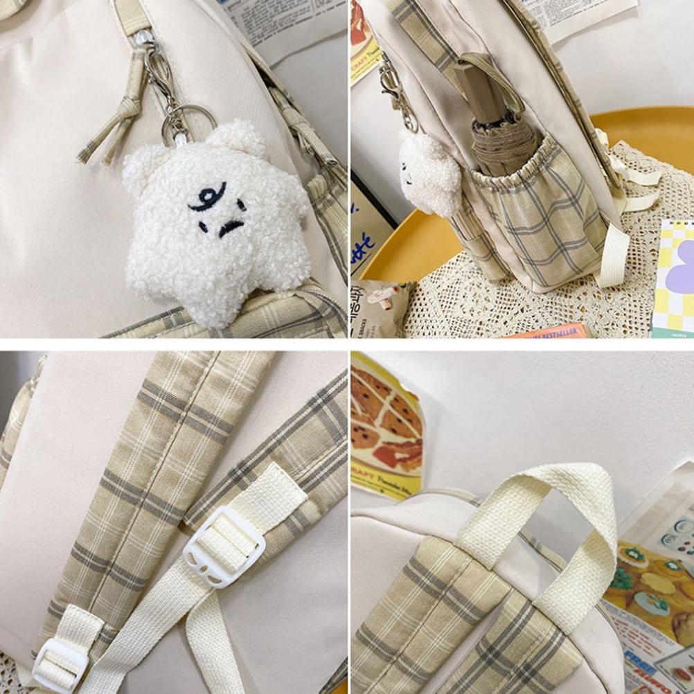 Cute Backpack Book Bag School Bag Travel Backpack Cute Plaid Backpack With Plush Pendant Lightweight Large Capacity Student Book Bag School Bag Casual Daypack For Outdoor Travel