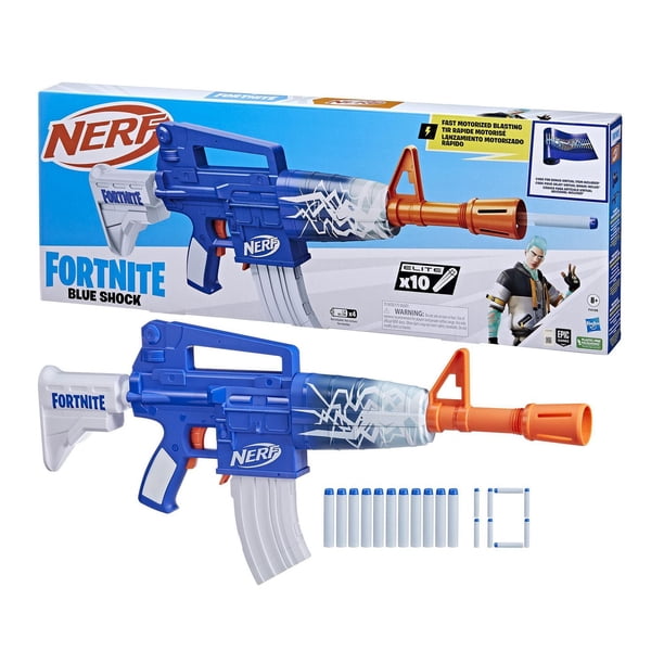 Nerf Fortnite Blue Shock Blaster, 10-Dart Clip, 10 Elite Nerf
