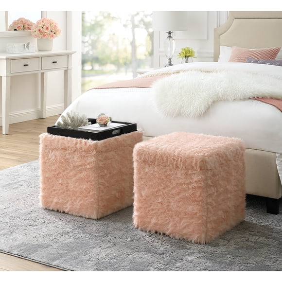 Inspired Home Allen Faux Fur Ottoman Storage Space Cube Shaped Serving Tray Top, Blush