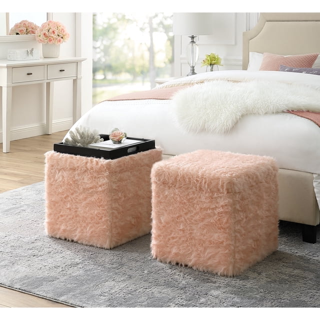 Inspired Home Allen Pouf en Fausse Fourrure avec Espace de Rangement, Plateau de Service en Forme de Cube, Dessus, Blush