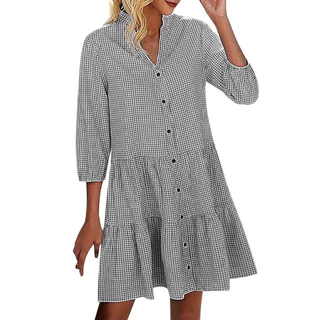 hotojiny Robes de Printemps pour Femmes Tendance à Carreaux Col en V Ourlet à Volants Robe Décontractée Manches 3/4 Boutonnée Tunique à Étages