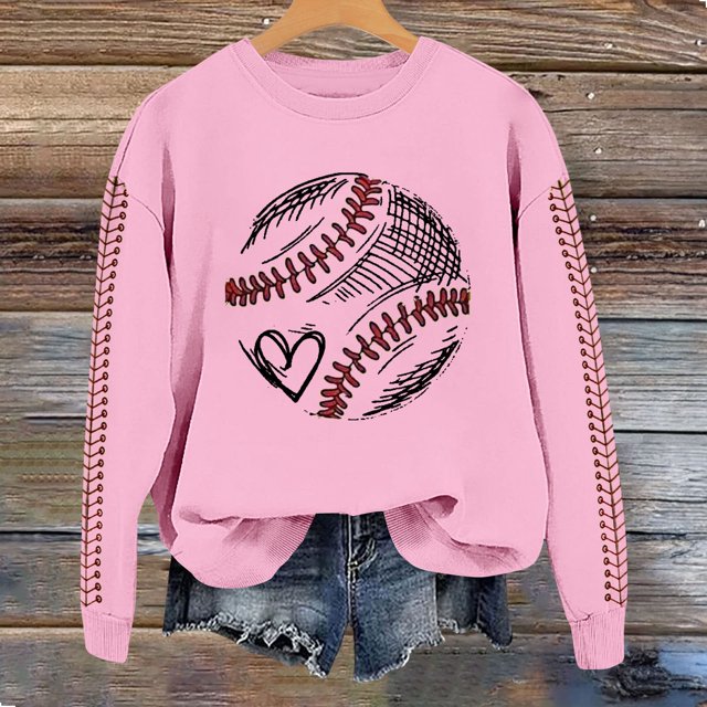IMENGL Spring baseball print crew neck hooded sweatshirt long, Pink M, Size M-2XL