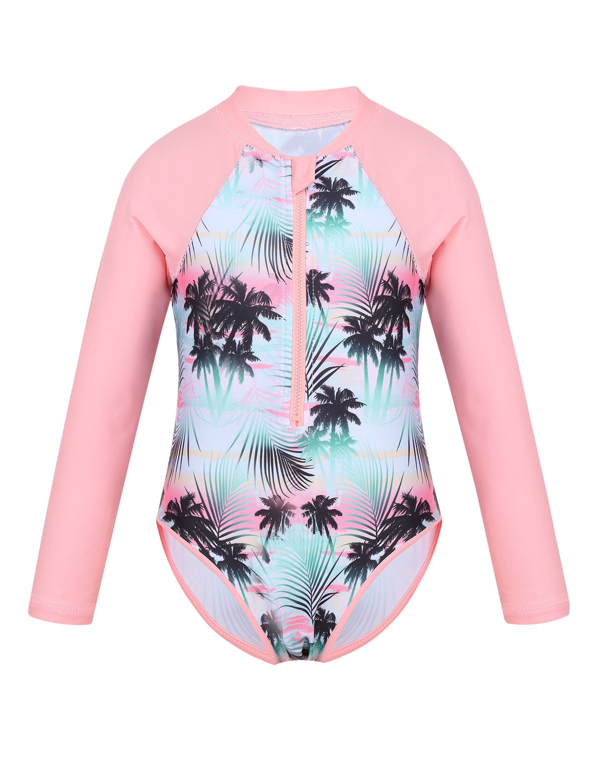 YONGHS Kids Girls Long Sleeve One Piece Swimsuits Zipper Rash Guard Swimwear UV Protection Bathing Suit Pink 14