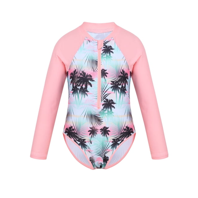 YONGHS Kids Girls Long Sleeve One Piece Swimsuits Zipper Rash Guard Swimwear UV Protection Bathing Suit Pink 16
