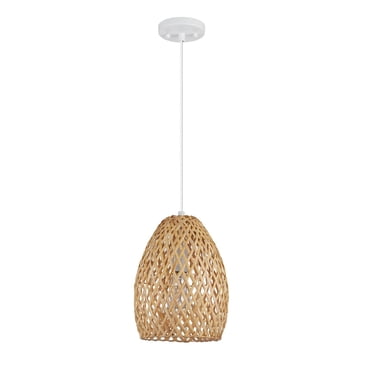Luminaire suspendu à 1 ampoule blanc mat avec abat-jour en rotin