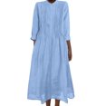 thumbnail image 2 of Robes Maxi en Coton et Lin pour Femmes, Robe Tunique à Boutons Col Ras du Cou Manches Longues Plissée Ligne a Fluide Longues Robes Midi Robes d'Été Bleu TTG, 2 of 9