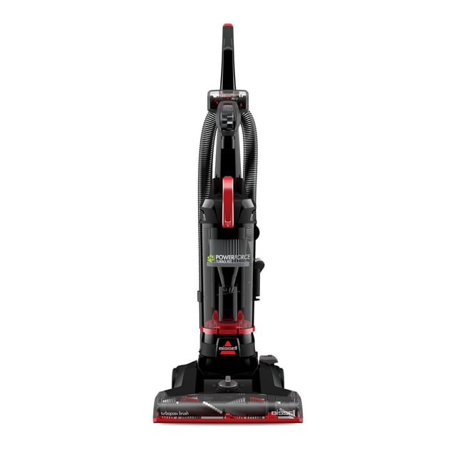 BISSELL® PowerForce® Turbo Pet Bagless Upright Vacuum in black and red with clear Easy Empty™ dirt tank, TURBOPASS brush roll for pet hair removal, and flexible hose, front-facing on white background, suitable for carpets and upholstery.