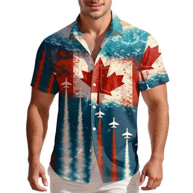 Chemise à Manches Courtes pour Homme, Décontractée, Style Canadien, Imprimée, à Col et à Boutons, pour Usage Quotidien et Loisirs