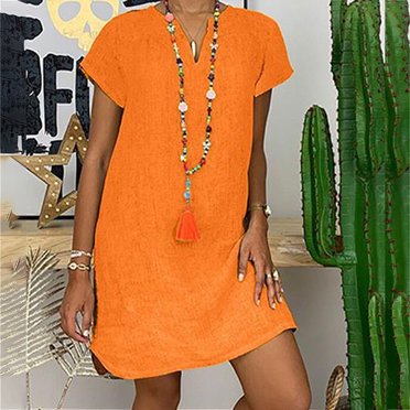 LOVZFMLL Fashion Women Loose V-Neck Summer Solid Short Sleeve Cotton And Linen Dress Orange 2XL