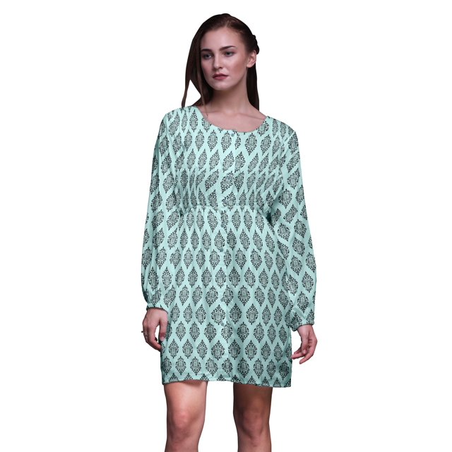Bimba Robe Midi à Manches Longues pour Femmes, Coupe Décontractée, Imprimée Damas au Pochoir Vert, Boutonnée - Moyen