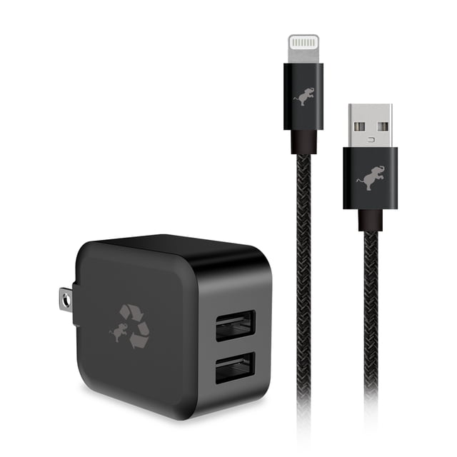 Nimble Bundle with USB-A to Lightning Cable Black featuring a compact black 12W wall charger with folding prongs and dual USB-A ports to charge two devices simultaneously, paired with a 1-meter black braided USB-A to Lightning cable made from recycled plastic, ideal for charging smartphones and tablets.