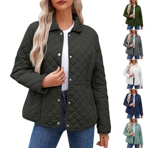 YOIAVAIOY Women's Winter Quilted Jackets Long Sleeve Button Down Puffer Jacket Diamond Outerwear Coats with Pockets Army Green XL